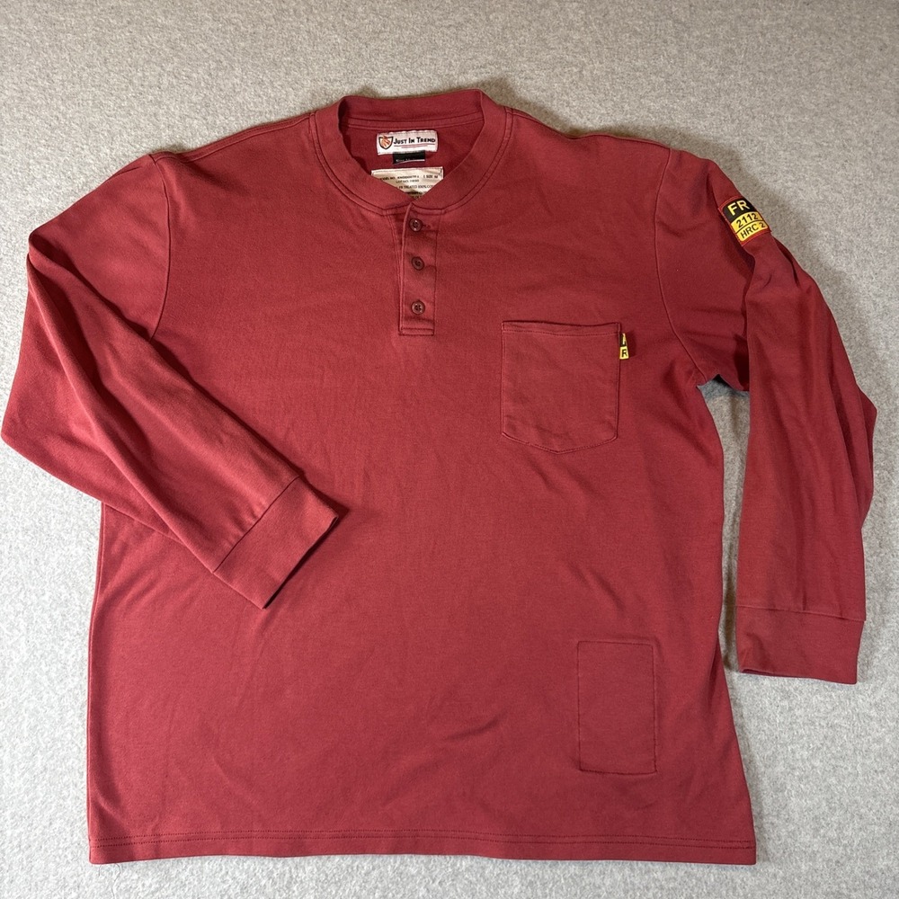 Just In Trend FR Men's Red Henley Sz M HRC2 100% Cotton Pocket Fire Resistant